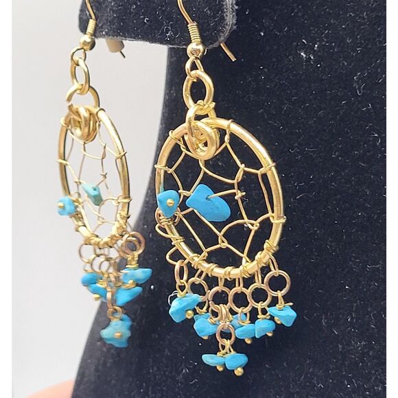 Vintage Gold tone Turquoise Dream Catcher Dangle Drop Earrings 3in - Picture 2 of 5